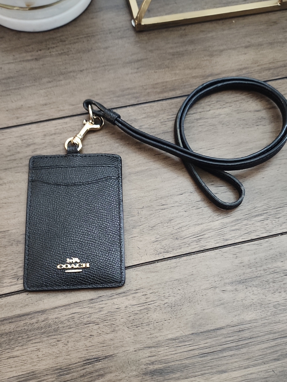 COACH Black Leather Lanyard Card Holder with Gold Hardware